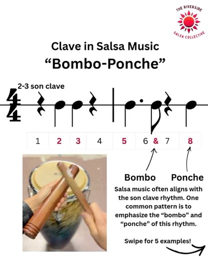 The Riverside Salsa Collective on Instagram: "Have you ever wondered how experienced salsa dancers dance so musically? Even if they’ve never heard the song? There are actually a lot of musical patterns and motifs that can help you predict what’s going to happen. For example, salsa music often aligns with the son clave rhythm. In this post we highlight five songs that have “Bombo-Ponche” accents aligning with the 2-3 son clave rhythm. This pattern happens on the three side of the clave on dancer 