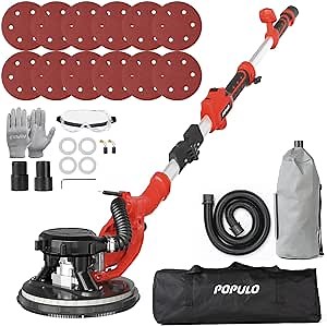POPULO Drywall Sander, 810W 7A Electric Drywall Sander with Vacuum Attachment, Variable Speed 900-1800RPM Powerful Wall Sander with 12Pcs Sanding discs, Floor and Popcorn Ceiling Removal Tool