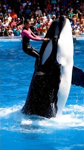 Adorable Killer Whale 🐋 woman acrobat ￼ride and splash in new Jessica show #2025 #orca #dolphin ￼￼￼