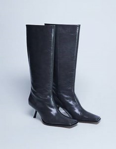 Topshop Scarlett Premium leather square toe knee high boot in grey | ASOS