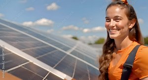 Empowering Young Women in Solar Panel Installation: A Smiling Installer at Work. Concept Solar Panel Installation, Women in STEM, Renewable Energy, Empowerment, Workforce Diversity