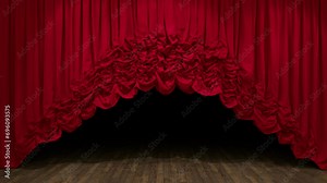 Dynamic red Austrian curtain on a wooden stage, spotlighted, ascending and descending, with alpha channel for easy backdrop changes. Great for event intros, festivals, theatrical performances