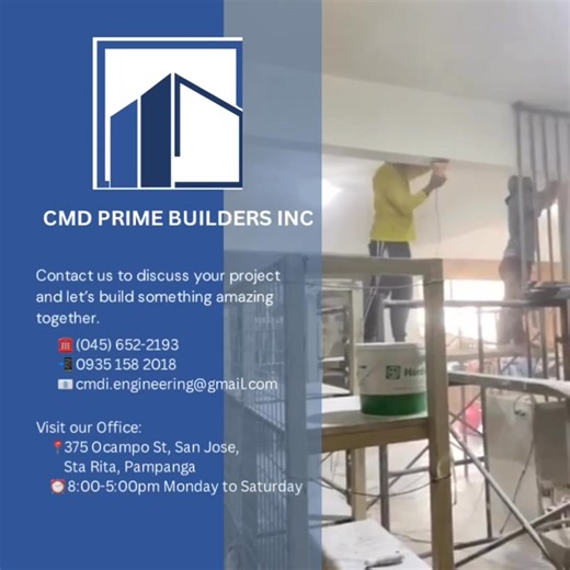 💎CMD PRIME BUILDERS INC💎 Need help with your dream project? We're your one-stop-shop for all construction needs - from planning and design to construction and turnover! Get expert construction solutions with just a click! Contact us today and let's turn your vision into reality! ☎️(045) 652-2193 📲0935 158 2018 📩cmdi.engineering@gmail.com Office hours: 📍375 Ocampo St, San Jose, Sta Rita, Pampanga 🕰️Monday- Saturday, 8am to 5pm 🎶 No copyright infringement intended — music used belongs to it