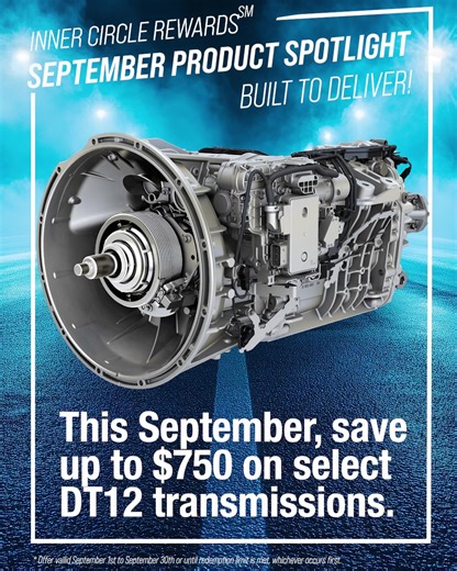 Highway hero or vocational victor? The legendary Detroit DT12 automated manual transmission is built to deliver. Save up to $750 on select DT12 transmissions this month. Get started at www.dtnaparts.com/excelerator.* *Inner Circle Rewards members only. | DTNA Parts