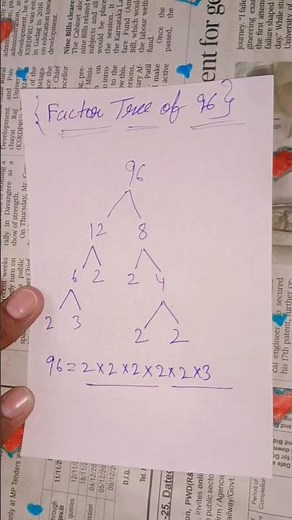 Factors of 96: Prime Factorization Using a Factor Tree 🌲#maths#factorisation #mathematics#mathshorts