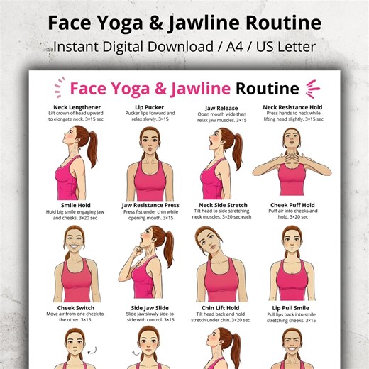 Face Yoga Routine Poster, Jawline & Neck Exercises Chart, Facial Exercises for Beginners, Daily Face Exercise Printable, Home Wall Art PDF - Etsy
