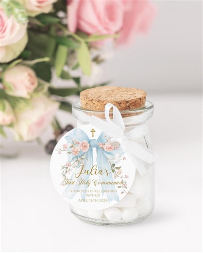 Elegant Bow Girl First Communion Favor Tag, Blue and Pink Floral Bow, Editable Template Round Tag or label, Digital Download, FC33