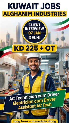 Kuwait Long Term Job – Alghanim Industries 📅 Client Interview — 07 January 2026 (Delhi) 🧑‍🔧 Technician cum Driver Hiring Available Positions: ✔ AC Technician cum Driver — KD 225 OT ✔ Electrician cum Driver — KD 225 OT ✔ Assistant AC Technician — KD 150 📌 Installation Work AC | TV | Washing Machine | Refrigerator ⚠ Indian Light Driving License Must (Driver Roles Only) 🕒 Duty — 8 Hours 🎓 Education — 12th Pass / ITI / Diploma 👤 Age — 21 to 35 Years 📩 Send CV & Documents for Shortlisting 📲