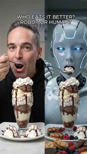 Robot vs Human… Who eats ice cream sundaes better?