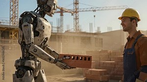 Robot assisting a man construction worker by handling bricks at a dusty building site, showing future automation in labor footage.