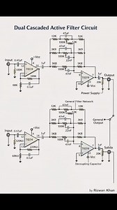 Tl074 operational amplifiers. Each stage is configured as an active filter network, likely a Sallen-Key or similar topology, utilizing resistors and capacitors to shape the frequency response. The circuit is designed for audio applications, as indicated by component values (e.g., (mu )F capacitors, k$Omega$ resistors) and the "Salida" (Spanish for "Output") label in the second stage. | Rizwan Khan