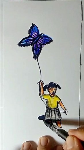 How to draw a little girl flying a butterfly kite