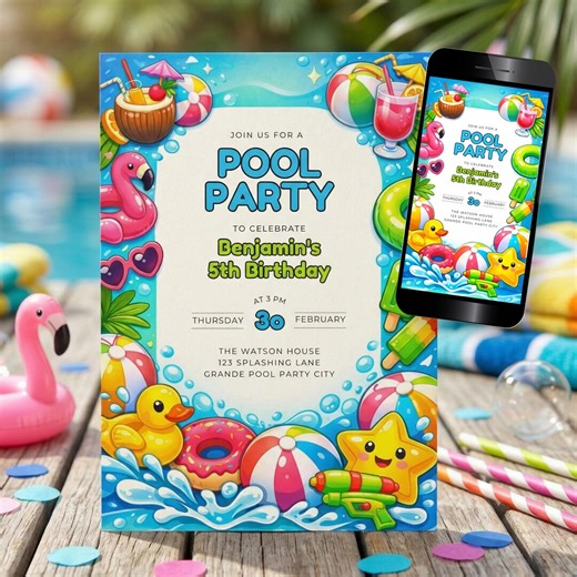 Pool Party Birthday Invitation, Kids Pool Party Invite, Summer 5th Bday Evite, Girl Splash Party Canva Template, Water Swim Boy Card UN09 - Etsy