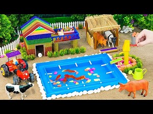 How to Build a Tiny Farm House with Cow Barn, Fish Pond & Carrot Garden | Mini Tractor Project 🐄🏡