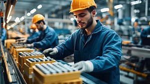 Download A man working on a production line with a machine for free