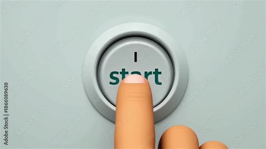 3D rendered hand pressing a round start button on light background symbolizing beginning, launch or action