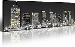Nashville Wall Art Framed Canvas, 14x48 Inch Yellow Nashville Skyline Print, Cityscape Panoramic Wall Decor for Living Room, Bedroom, Office, Above Bed, Ready to Hang