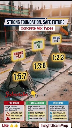 Concrete Mix Ratio Types You Must Know! 🏗️ (1:5:7 vs 1:3:6 vs 1:2:3) #insightexamprep #shortsfeed
