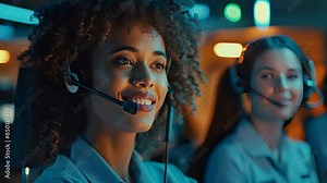 Call Center Operators stand straight, smiling, looking at the camera