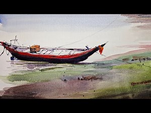 Easy boat watercolor painting for beginners | simple river scenery