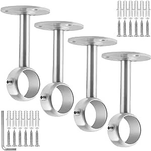 Curtain Rod Ceiling Mount Brackets, Heavy Duty Ceiling Curtain Rod Holders, Stainless Steel, Silver 4 Pack Curtain Rod Hooks Hangers for Wall Drapery Rod Support Bracket Fit for 1 1/4 Inch Drape Poles