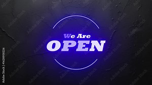 "We Are Open" Blue Neon Sign Glitch Effect on a Wall