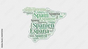 Spain logo animation featuring a word cloud of country names in multiple languages on a paper-style background. Ideal for country presentations or intros.