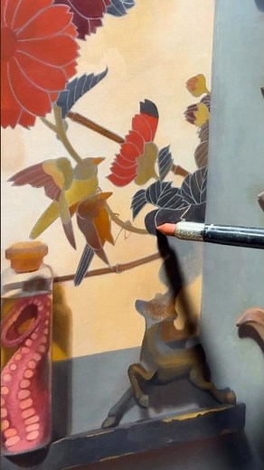 Creating a decorative pattern using oil paint through layers.