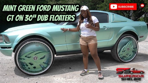 Mint green Ford Mustang GT on 30” DUB floaters