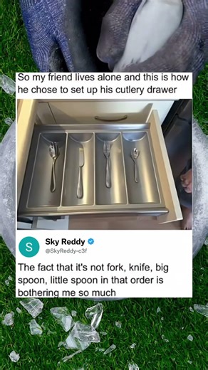 So my friend lives alone and this is howhe chose to set up his cutlery drawer