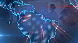 Animation of globe and light beam rotating over caucasian businesswoman giving presenting in meeting. Digital composite, multiple exposure, global business, teamwork and office concept.