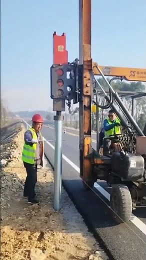 Installation process of highway guardrails by hammering and pressing