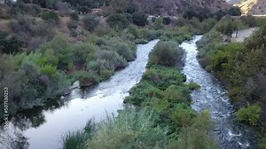 aerial footage of river water flowing over the rocks surrounded by lush green trees and plants surrounded by mountains at Azusa Wilderness Park in Azusa California USA