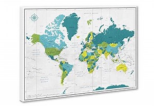 Travel Map With Pins World Personalized | Colorful World Map with Pins on Canvas | World Map Wall Art to Mark Travels | up to 40" x 53"