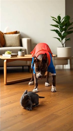 Super Pitbull Playing With The Cat at Home #funnyshorts #puppy #funny #puggles