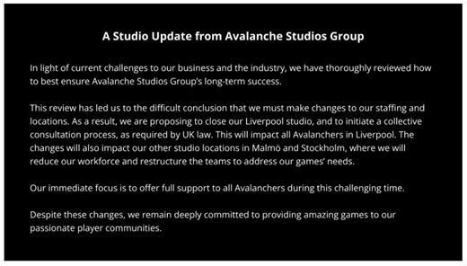Avalanche Studios 關閉利物浦辦事處，裁員瑞典