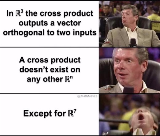 MathMatize on Instagram: "Surprising corollary of Hurwitz’s theorem. The meme is referring to a cross product of exactly 2 vectors #math #mathmemes #stem #mathematics #mathematician"