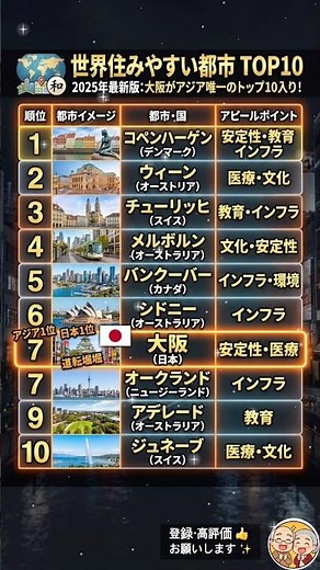 世界で最も住みやすい都市TOP10に日本からあの街がランクイン
