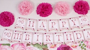 Vlipoeasn Flower 90th Birthday Decorations for Women, Rose Gold 90th Birthday Backdrop Banner, Cake Topper, Honeycomb, Hanging Swirl for Party, Cheers to 90 Years Old Party Supplies