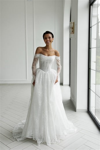 York • Off-shoulder Chantilly Lace Wedding Dress • Embroidered Corset • Long Sleeves • A-line Bridal Gown - Etsy