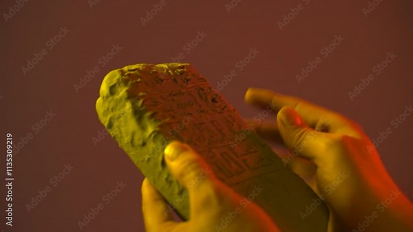 hands holding an Egyptian antiquity cuneiform clay tablet with ancient writings Stock Video