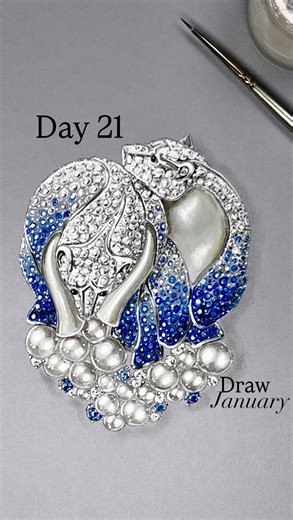 Draw January: Day 21 The Van Cleef’s L’arche de Noe collection (Noah’s Ark), is the pinnacle of creativity when in comes to animal-inspired design. Each piece has is crafted from materials perfectly representative of both the animal and its natural habitat. These polar bears are a perfect balance of diamonds, sapphires, pearl and mother-of-pearl. A perfect way to end our pearl week! Key skills: ✅ Patience - essential when blending the mother-of-pearl ✅ Contrasting surfaces ✅ Ombré colour palette