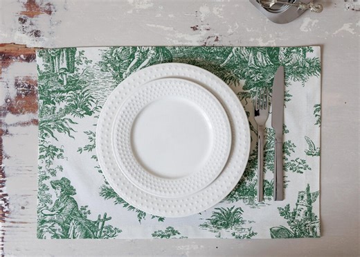 Green Toile De Jouy Table Placemats – Cotton Table Mat | Vintage Table Decor - Etsy