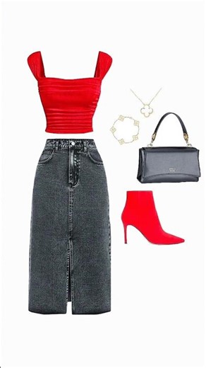Bold Red Crop Top with Denim Skirt – Elegant Night Look ❤️#ytshorts #shorts