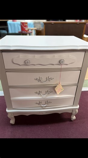 Spacious Three-Drawer French Provintial Night Stand Painted a subtle gray with white drawers. It measures: 25” wide 17” deep 30” high Beauty from Ashes 220 S York Rd Hatboro 215-674-1678 Wednesday - Saturday 11-5 Isaiah 61:3 God turns the ashes in our lives into something beautiful #shophatboro #handmadecrafts #paintedfurniture #antiques