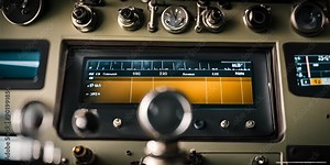 Controls in the cockpit of an airplane.