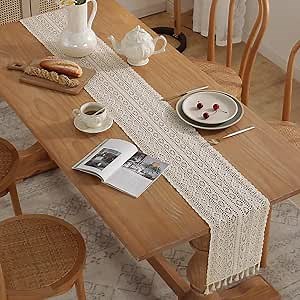 Boho Table Runner 108 Inch Long, Vintage Farmhouse Braided Table Runners , Macrame Woven Camino De Mesa, Rustic Table Cloth Decor with Hand-Tassels for Party, Dresser Decor(Beige, 12"×108")