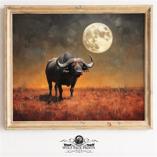 Moody Cape Buffalo Under Full Moon - Printable Wildlife Painting Art, Rustic Safari Decor, Dramatic Silhouette, Digital Download 845 - Etsy