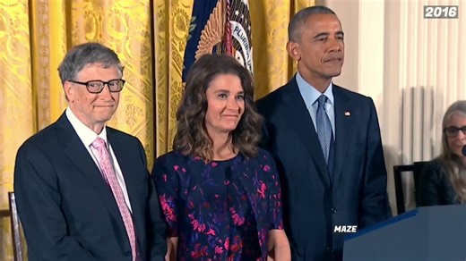 Obama awarding Bill Gates the Medal of Freedom in 2016, citing his "work with women and children"