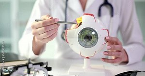 Ophthalmologist holds anatomical model of human eye